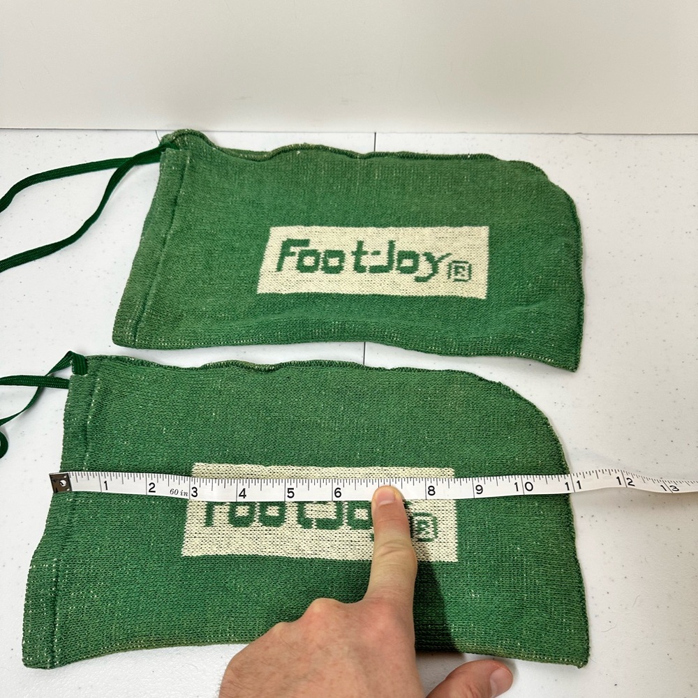 FootJoy Vintage Golf shoe covers, green and white. Shown with size 9 FootJoy. - Picture 6 of 8
